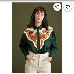 Vintage Embroidered cotton Deer button front Women M Large